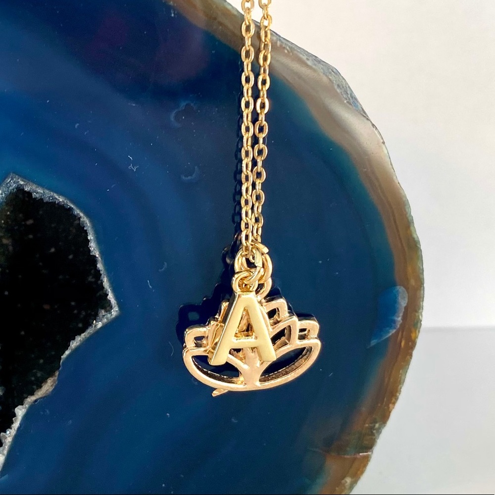 gold lotus flower initial charm necklace